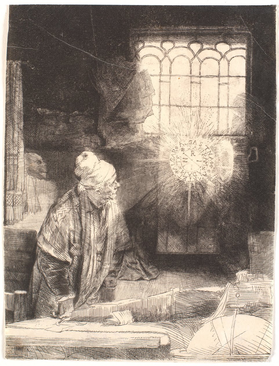 Faust in zijn studeerkamer, kijkend naar een magische schijf door Rembrandt van Rijn