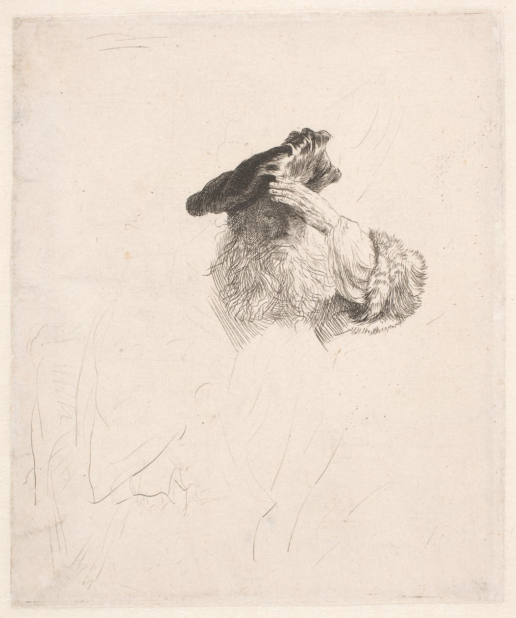 Oude man die met zijn hand schaduw maakt voor zijn ogen door Rembrandt van Rijn
