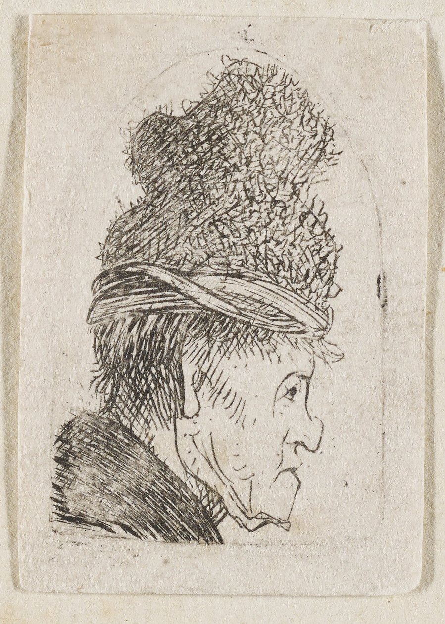 Grotesk profiel: man met een hoge pet door Rembrandt van Rijn