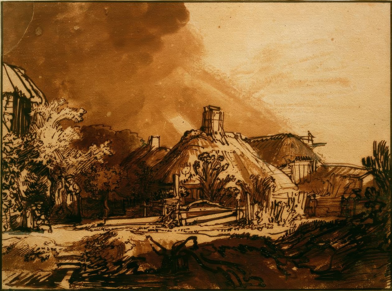 Huizen onder dreigende hemel door Rembrandt van Rijn