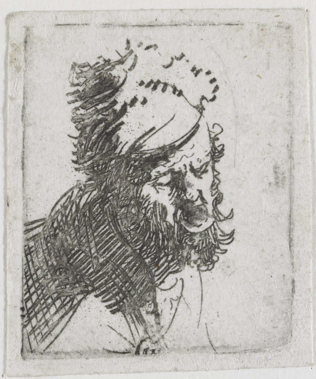Hoofd van een man met een bontmuts, die het uitschreeuwt door Rembrandt van Rijn