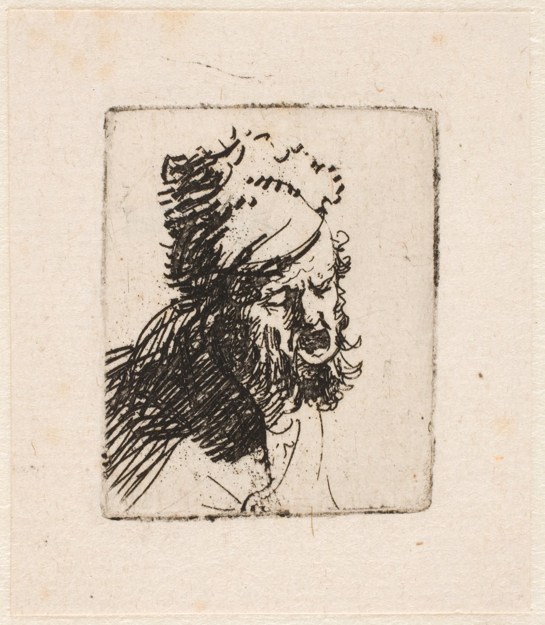 Hoofd van een man met een bontmuts, die het uitschreeuwt door Rembrandt van Rijn