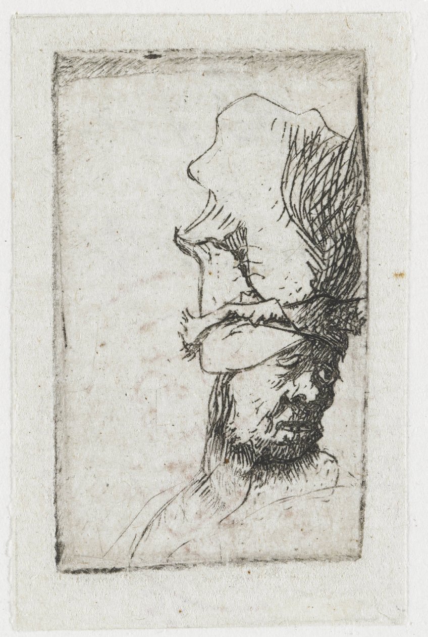 Hoofd van een man met een hoge pet door Rembrandt van Rijn