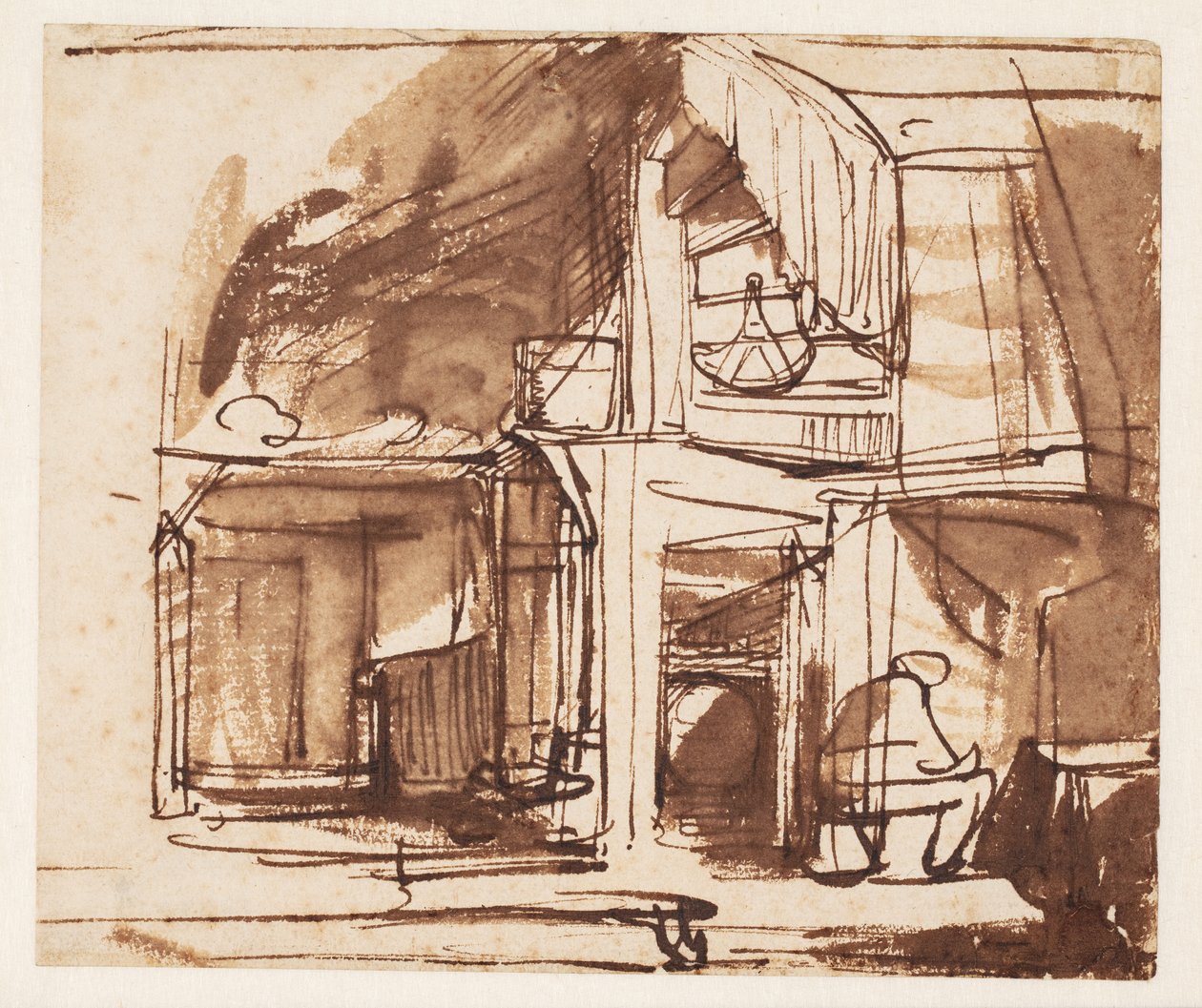 Interieur met een wenteltrap en een zittende man door Rembrandt van Rijn