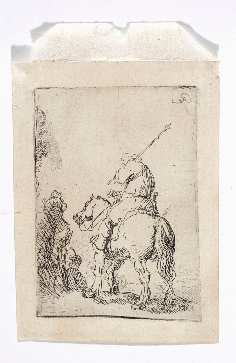 Een ruiter met een tulband te paard door Rembrandt van Rijn