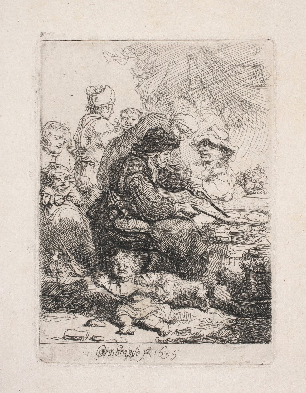 Een vrouw die pannenkoeken bakt door Rembrandt van Rijn