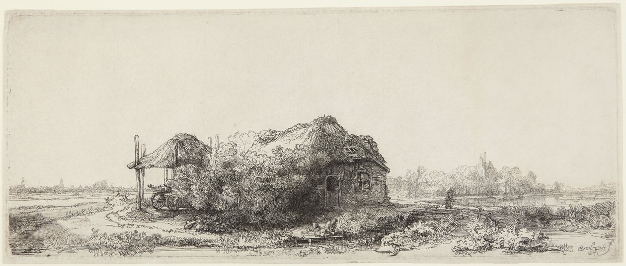 Landschap met huisjes en een hooischuur door Rembrandt van Rijn