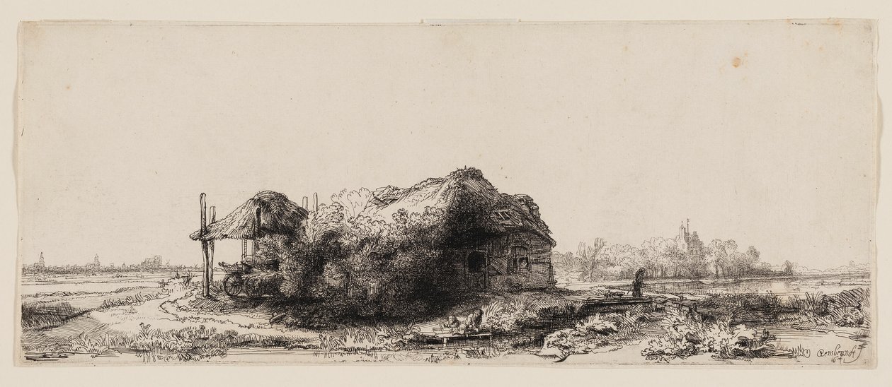 Landschap met Huisjes en een Hooischuur: Liggend door Rembrandt van Rijn
