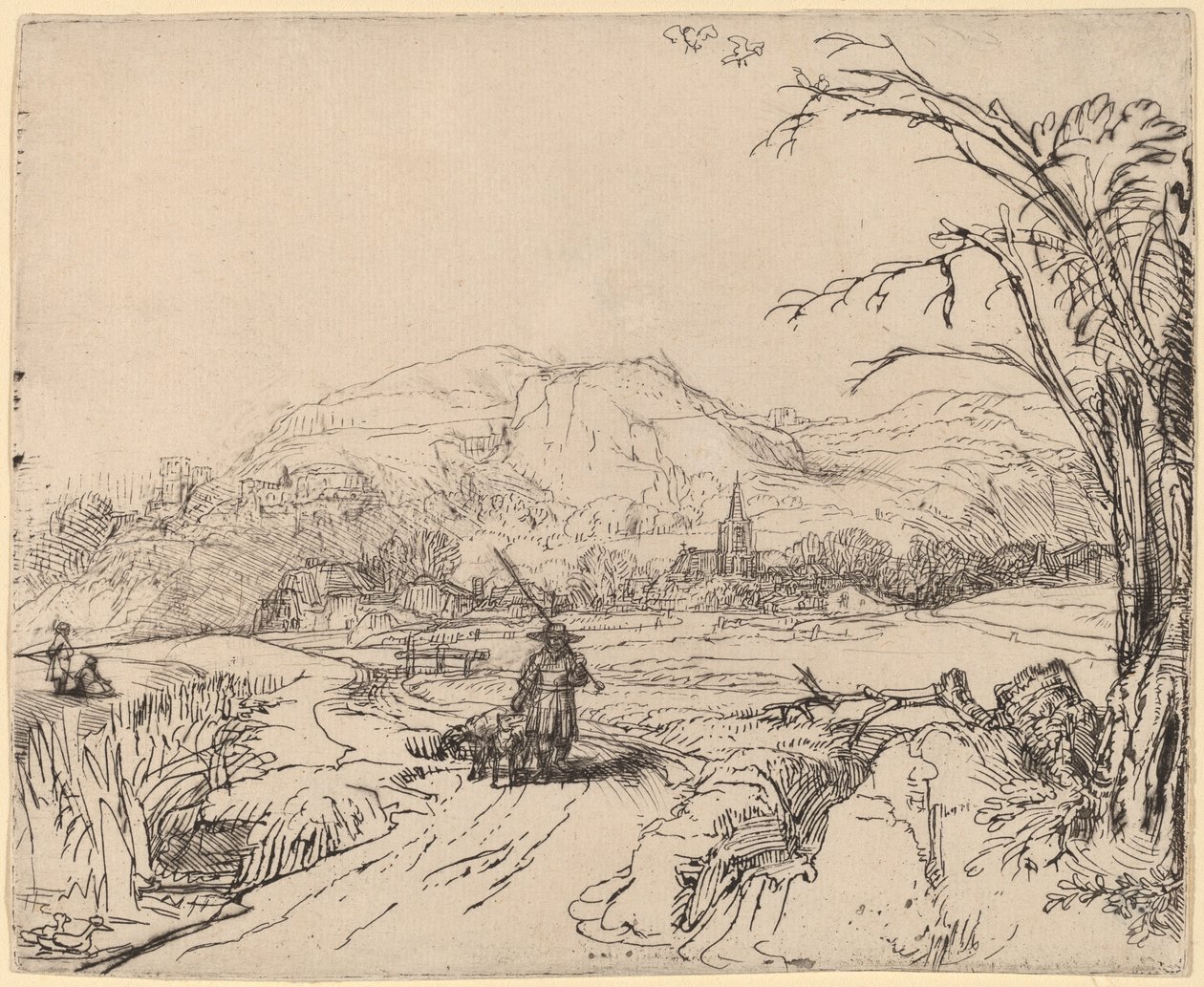 Landschap met jager en hond door Rembrandt van Rijn