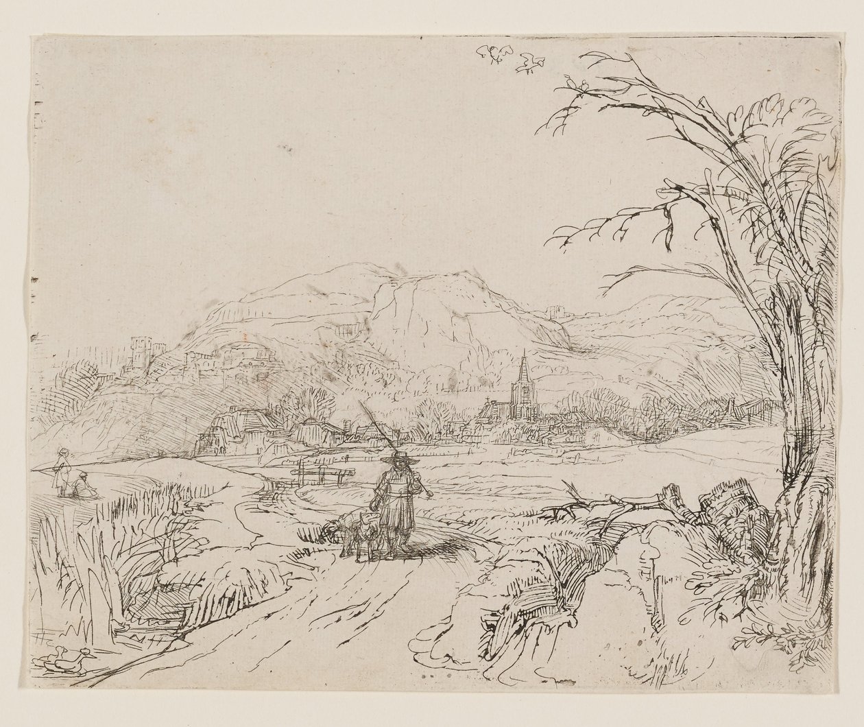 Landschap met een jager en honden door Rembrandt van Rijn