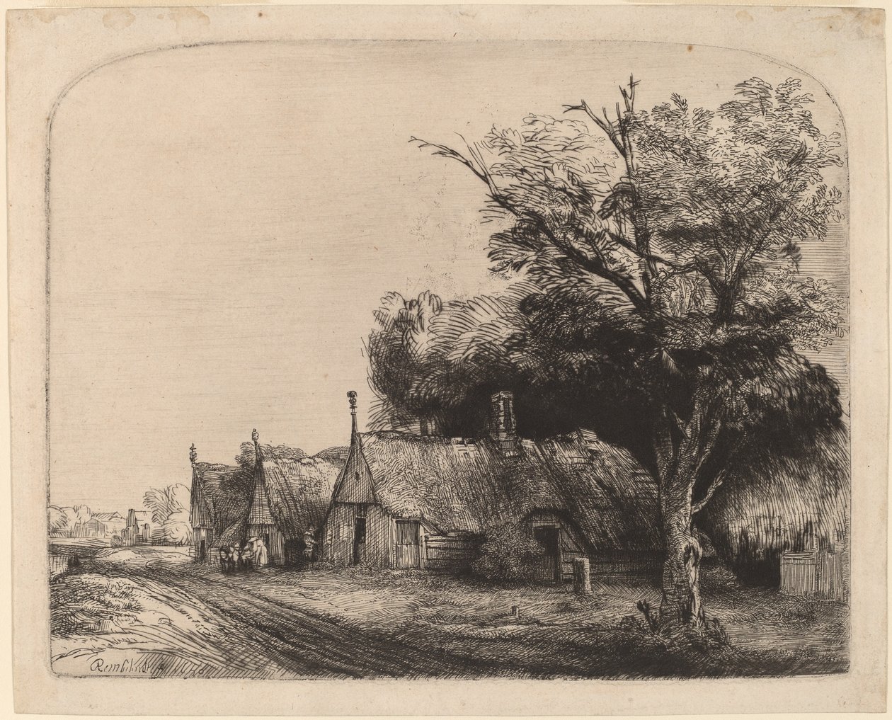 Landschap met Drie Huisjes met Puntdaken langs een Weg door Rembrandt van Rijn