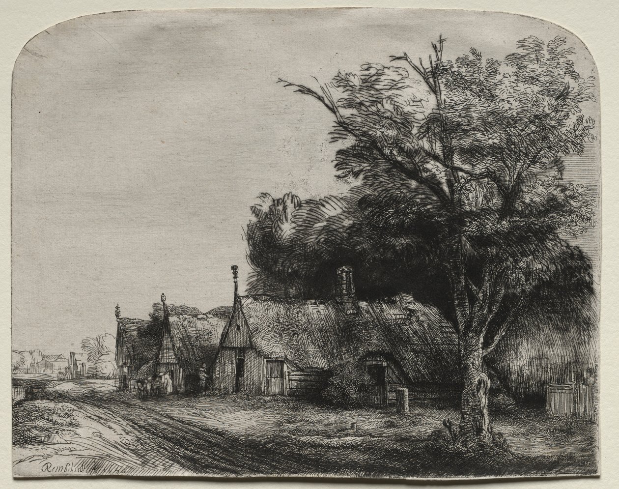 Landschap met Drie Huisjes met Gevels naast een Weg door Rembrandt van Rijn