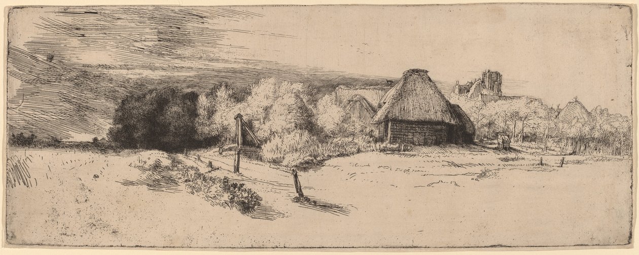 Landschap met Bomen, Boerderijen en een Toren door Rembrandt van Rijn