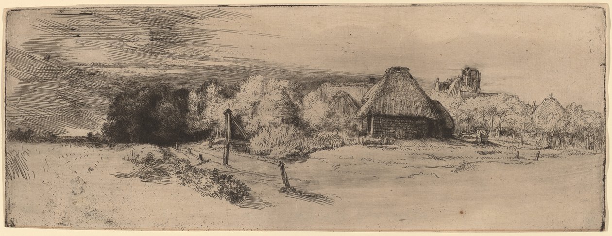 Landschap met bomen, boerderijen en een toren door Rembrandt van Rijn