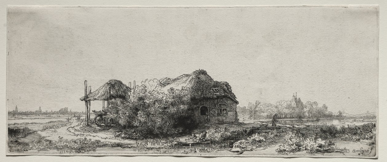 Landschap met een Huisje en Hooischuur: Rechthoekig door Rembrandt van Rijn