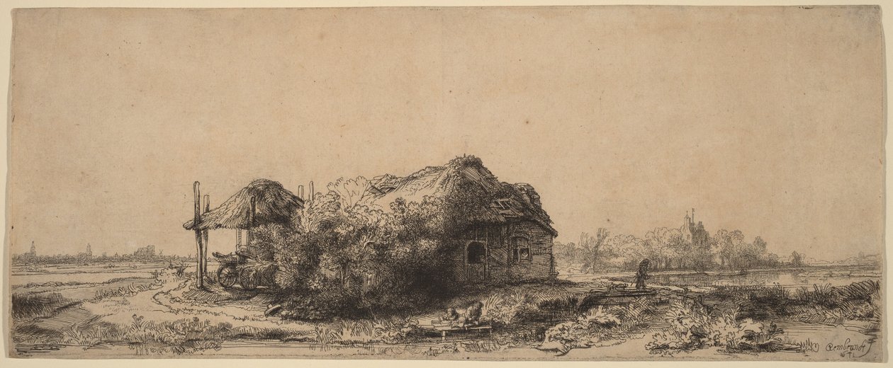 Landschap met een huisje en een hooischuur: langwerpig door Rembrandt van Rijn