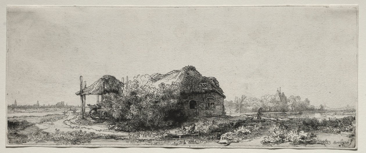 Landschap met een huisje en hooischuur: Oblong, 1641 door Rembrandt van Rijn