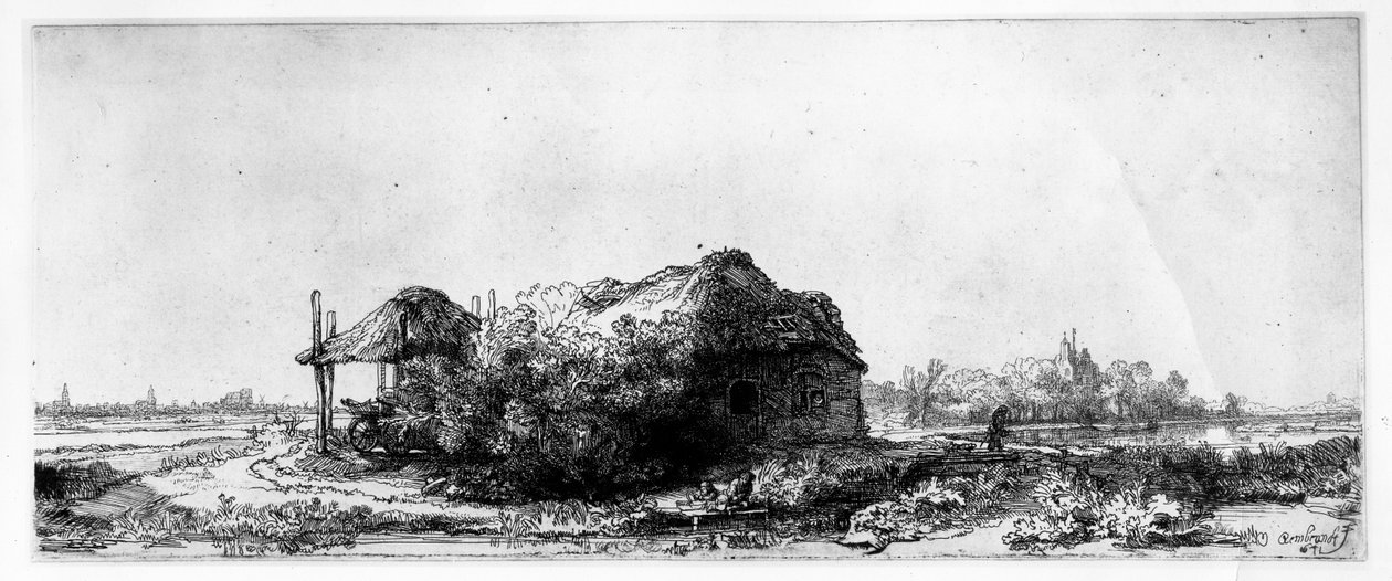 Landschap met een Cottage en Hooischuur, geëtst door James Bretherton door Rembrandt van Rijn