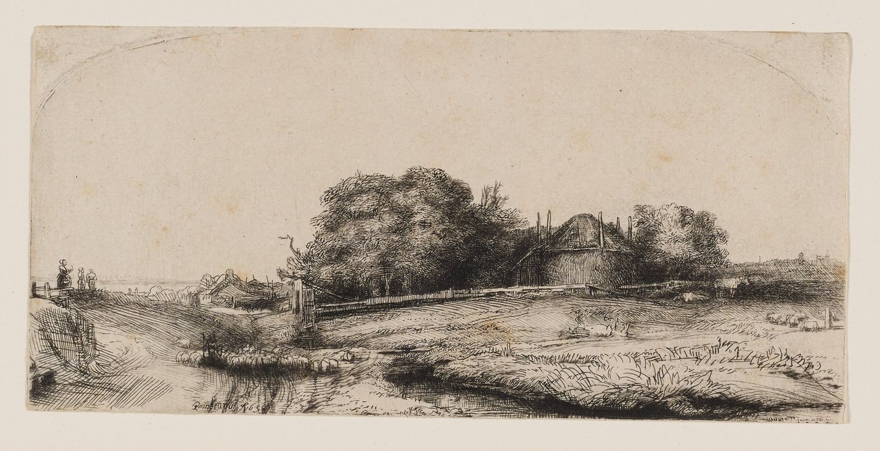 Landschap met een hooischuur en een kudde schapen door Rembrandt van Rijn