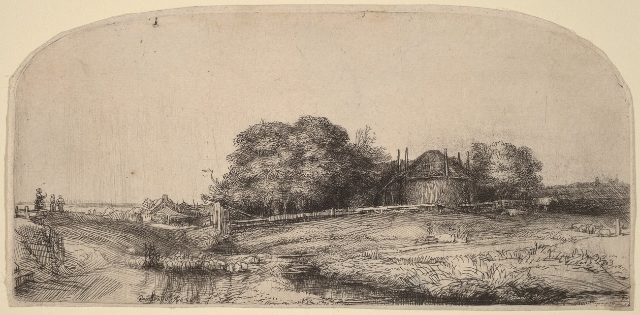 Landschap met een hooischuur en een kudde schapen door Rembrandt van Rijn