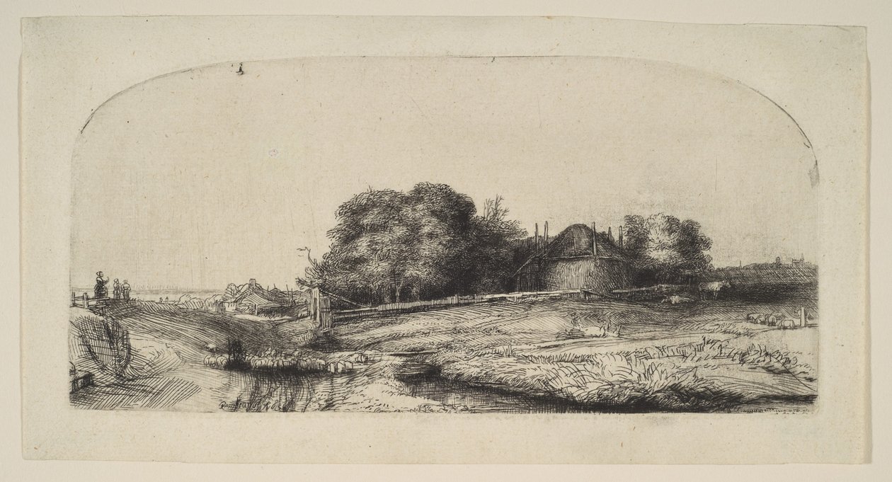 Landschap met een Hooischuur en een Kudde Schapen, 1652 door Rembrandt van Rijn