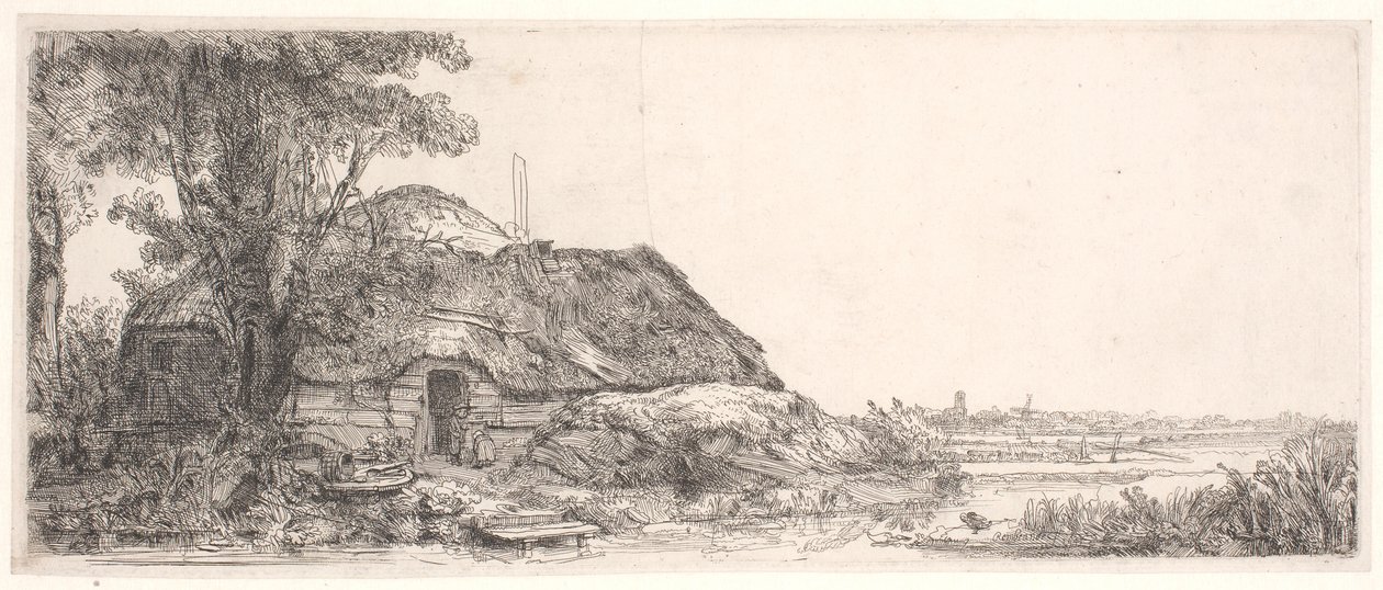 Landschap met een huisje en een grote boom door Rembrandt van Rijn