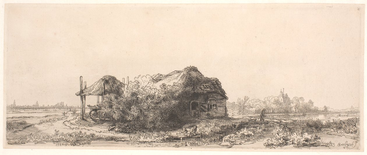 Landschap met een huisje en een hooischuur: langwerpig door Rembrandt van Rijn
