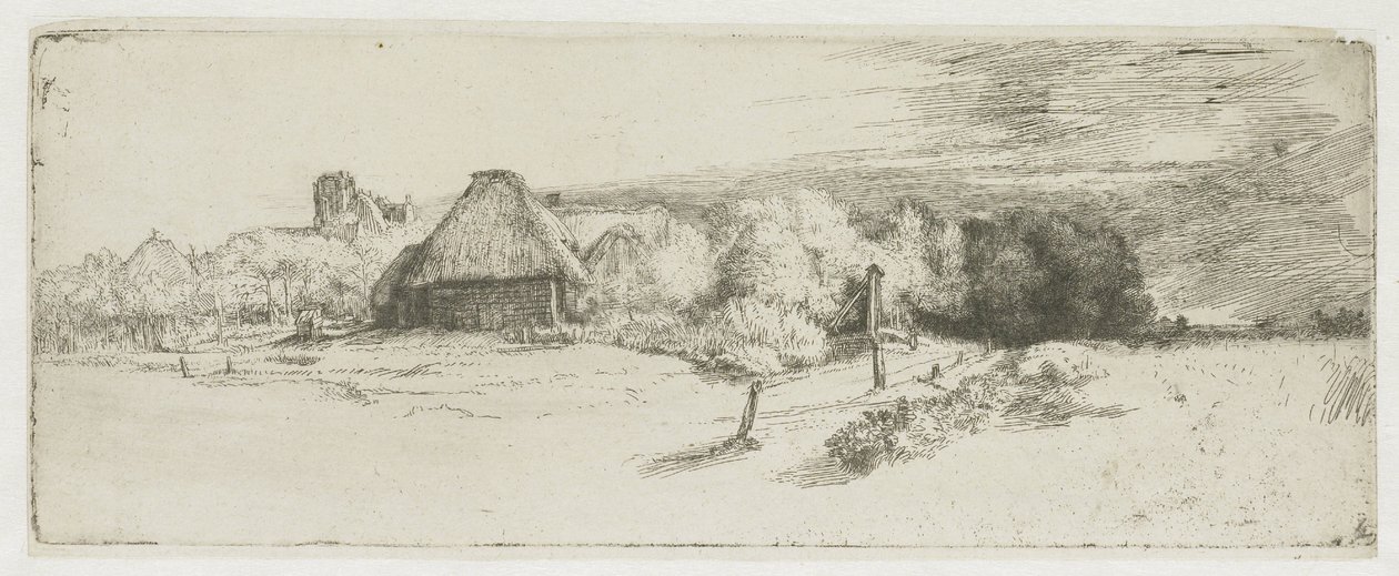 Landschap met een boerderijgebouw en het ‘huis met de toren’ door Rembrandt van Rijn