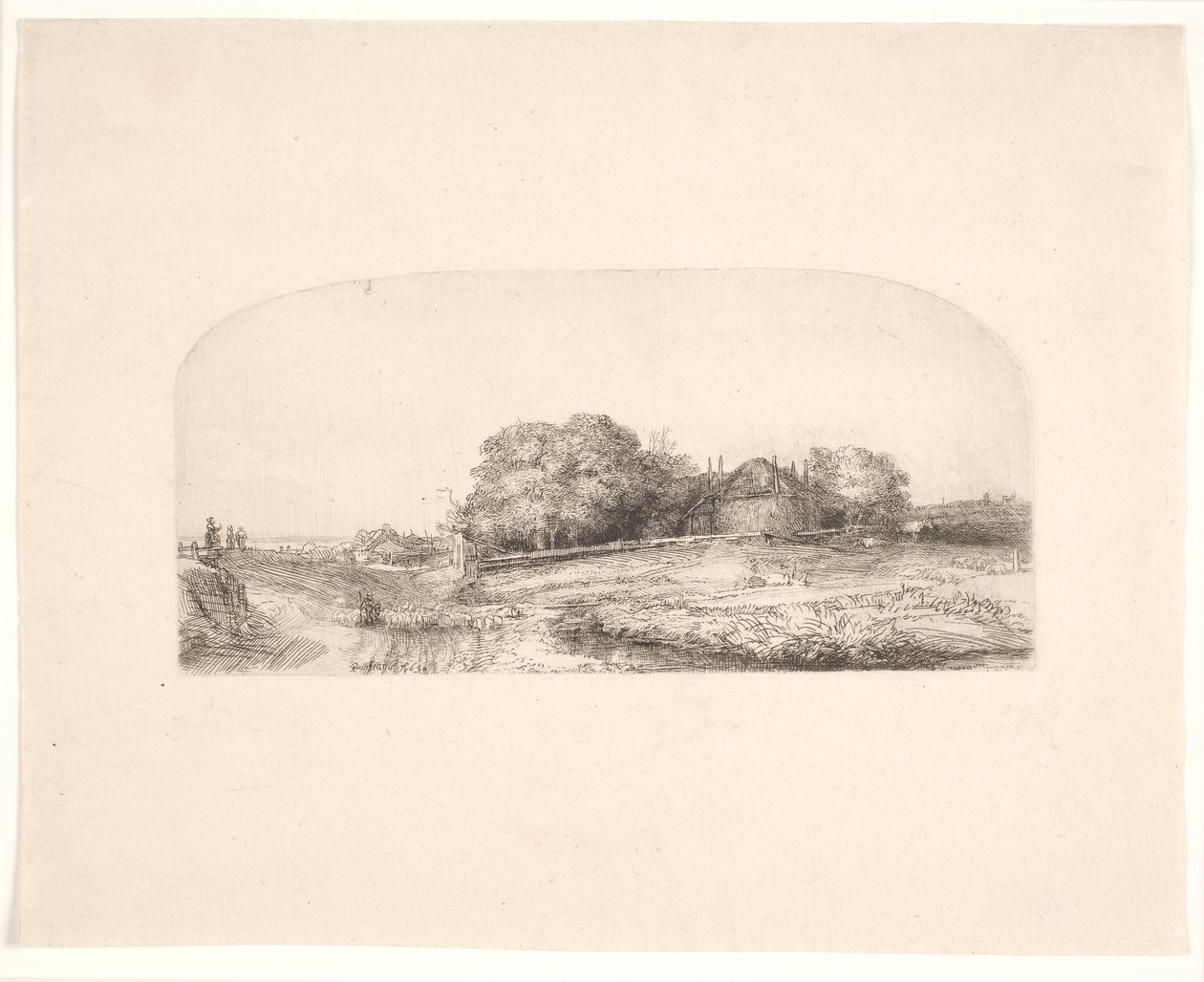 Landschap met een hooischuur en een kudde schapen door Rembrandt van Rijn