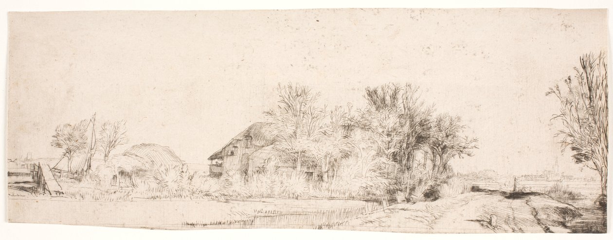 Landschap met een weg langs een kanaal door Rembrandt van Rijn
