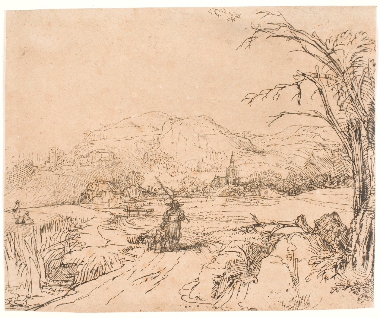 Landschap met een jager en honden door Rembrandt van Rijn