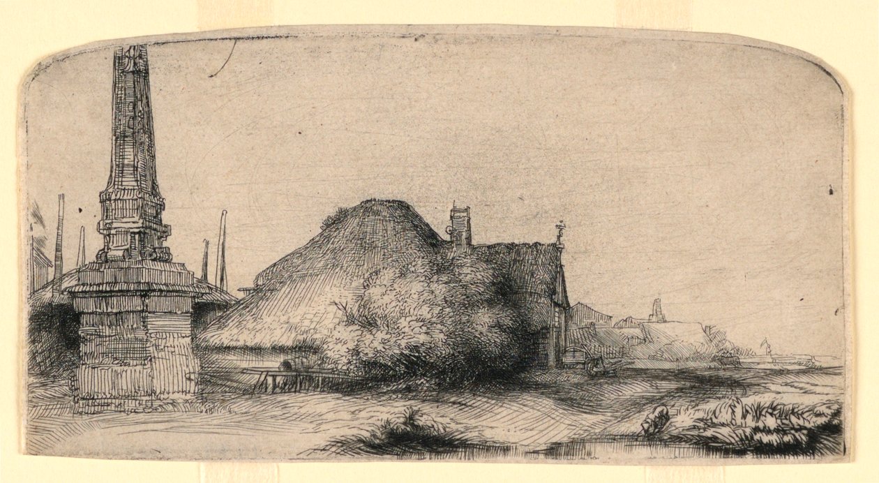 Landschap met een obelisk door Rembrandt van Rijn