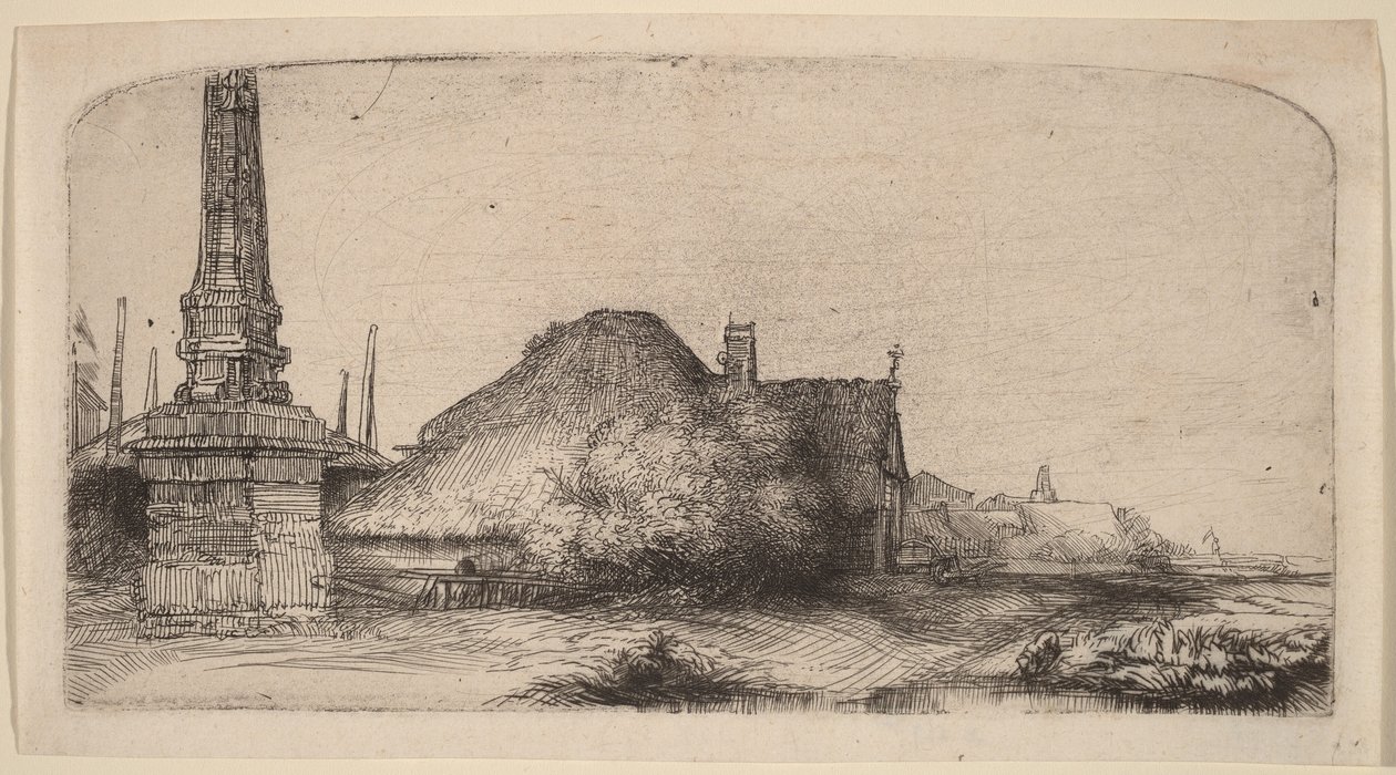 Landschap met een obelisk door Rembrandt van Rijn
