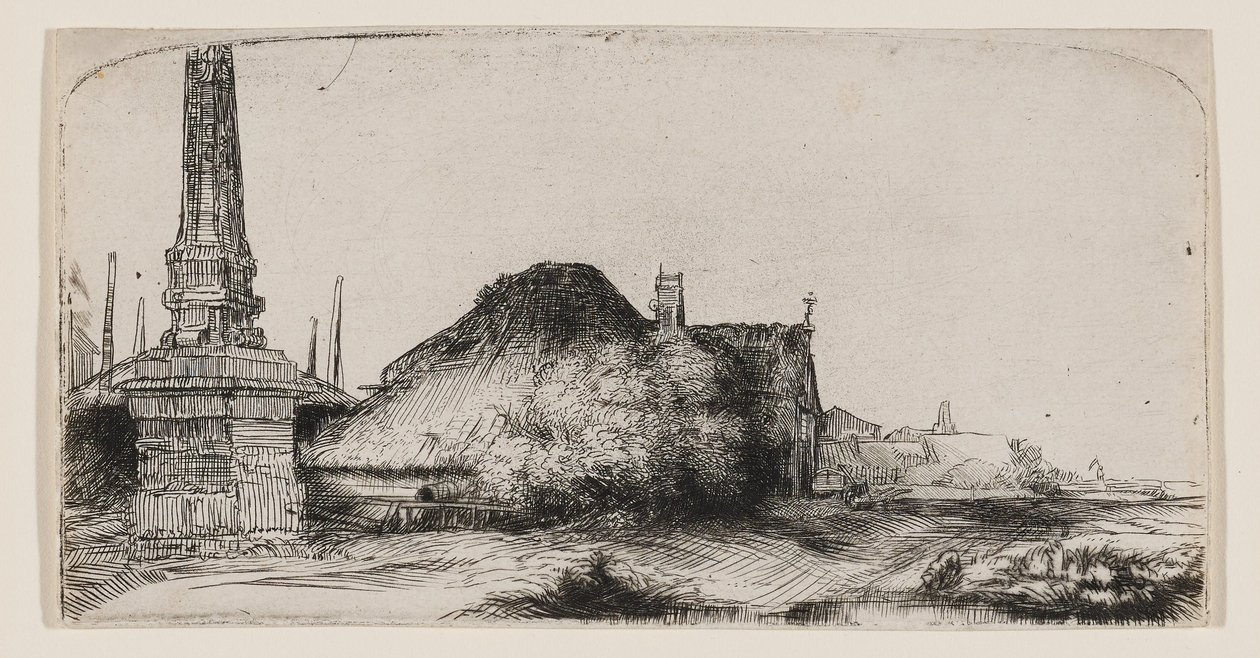 Landschap met een obelisk door Rembrandt van Rijn