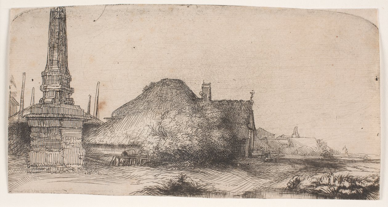 Landschap met een obelisk door Rembrandt van Rijn
