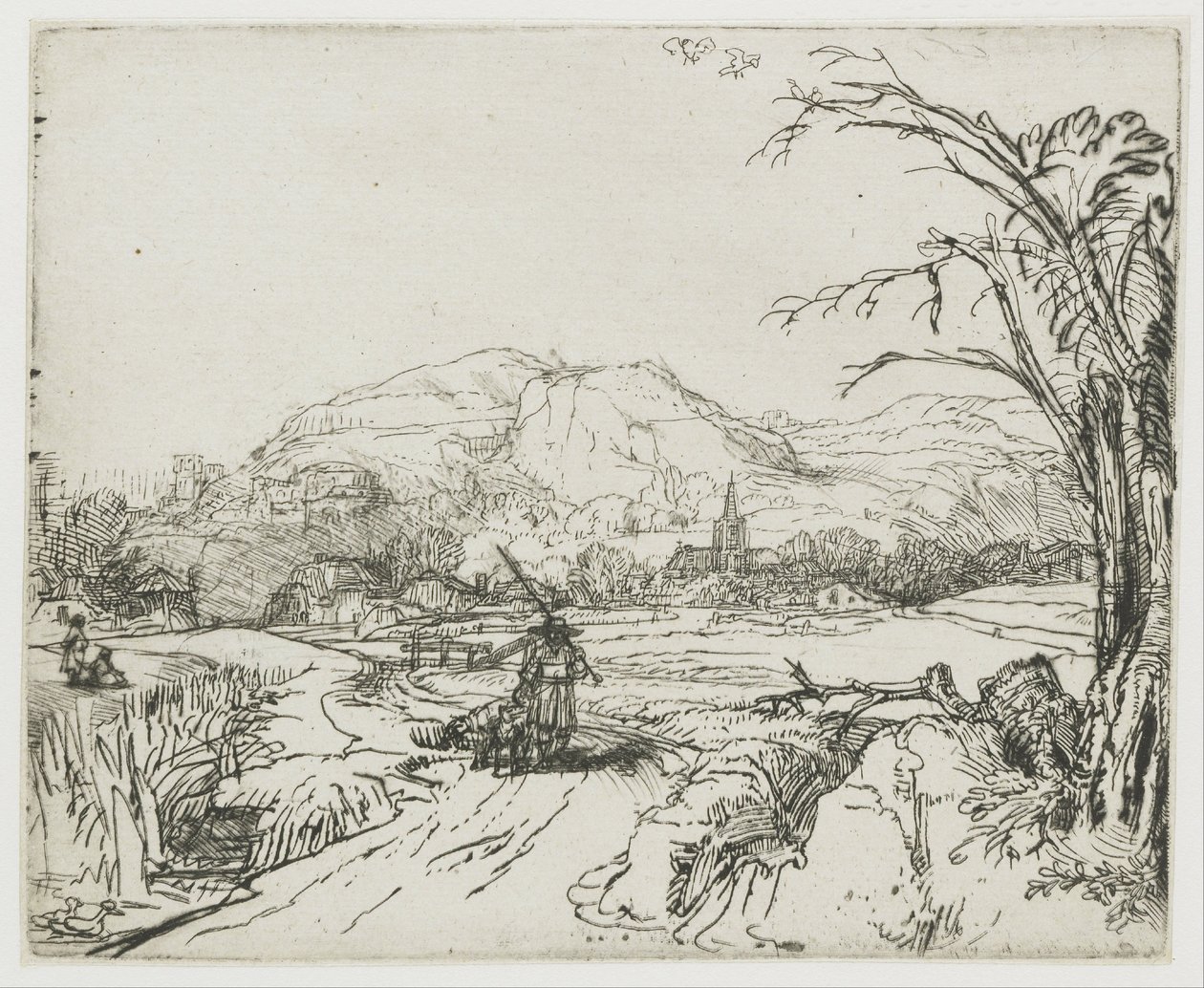 Landschap met een jager en honden door Rembrandt van Rijn