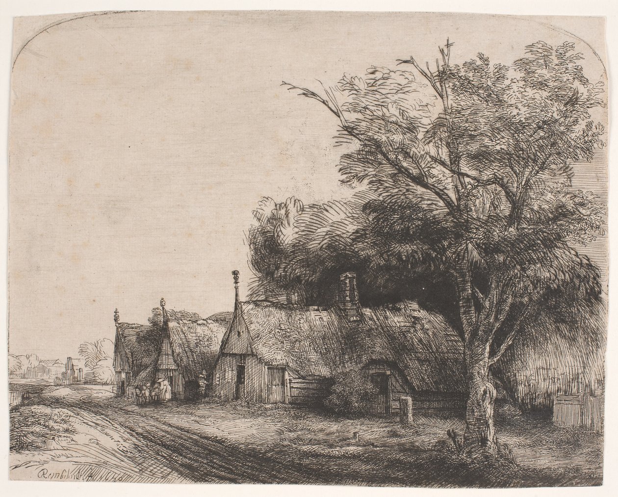 Landschap met drie huizen met puntgevels langs een weg door Rembrandt van Rijn