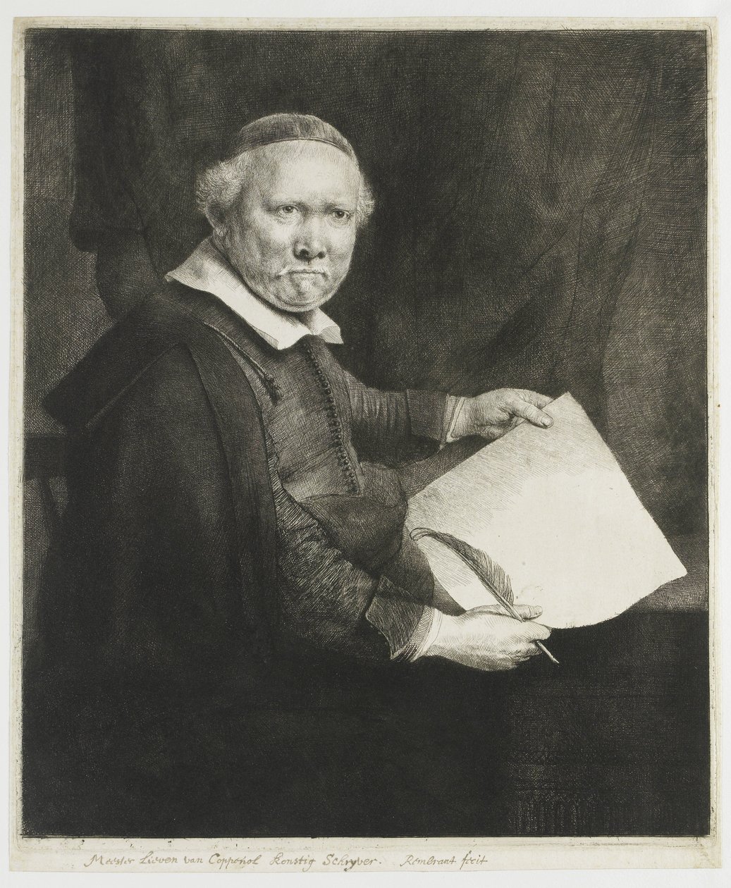 Lieven Willemsz. van Coppenol, schrijfmeester: de grotere plaat door Rembrandt van Rijn