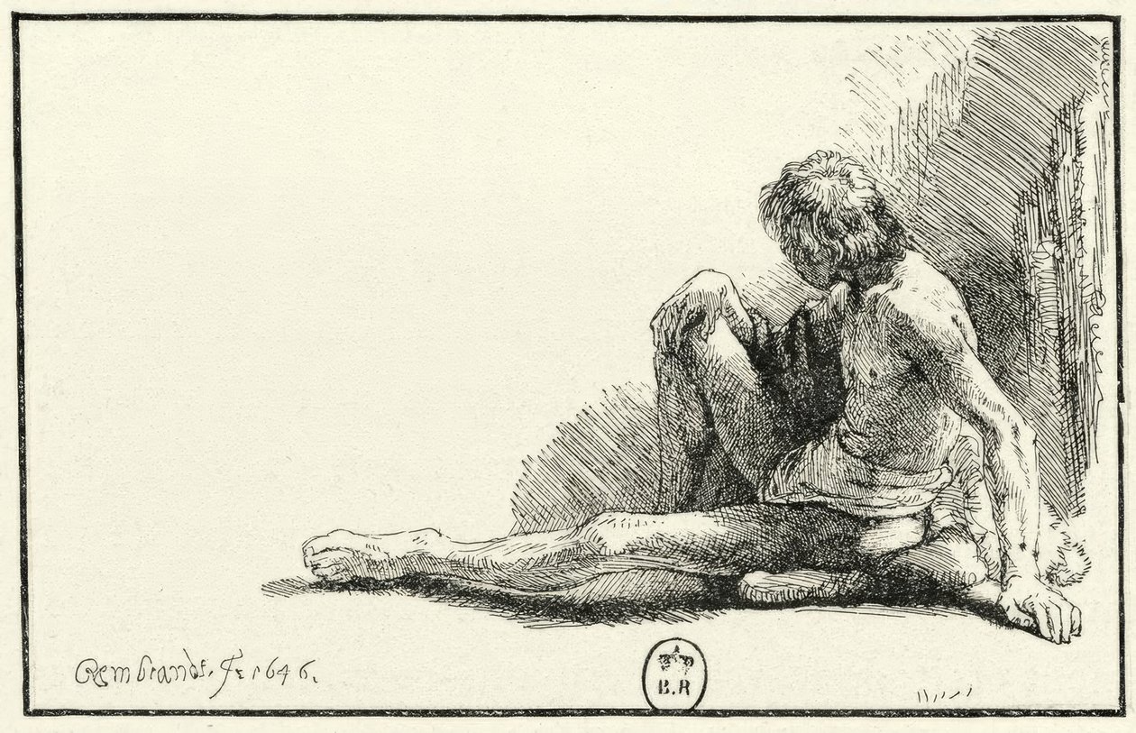 Mannelijk naakt, zittend op de grond door Rembrandt van Rijn