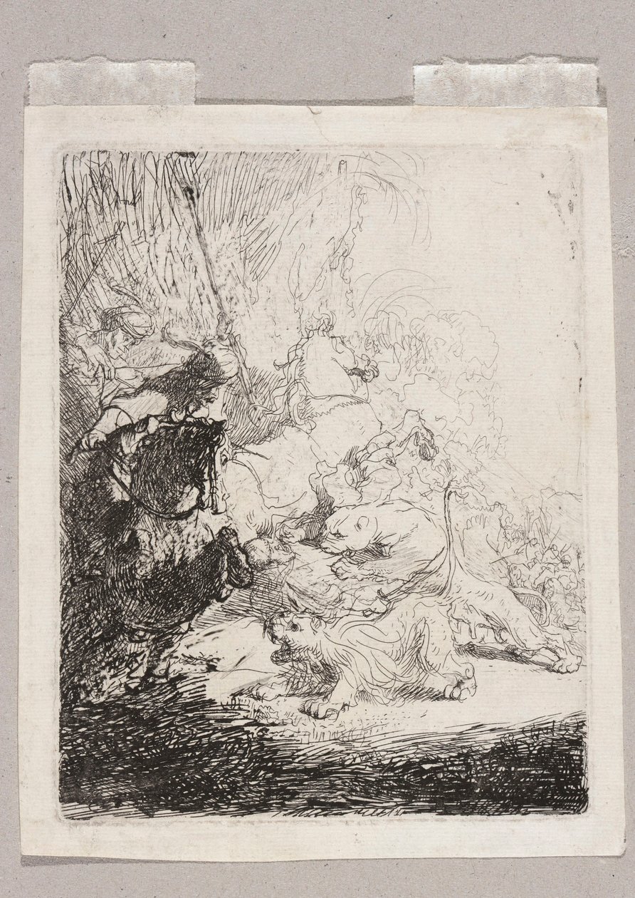 Een kleine leeuwenjacht (met twee leeuwen) door Rembrandt van Rijn