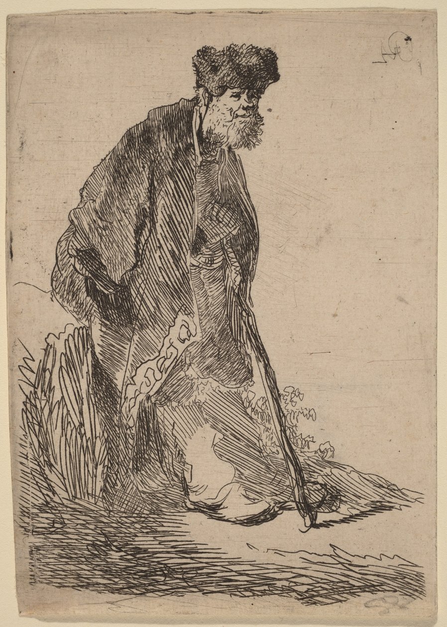 Man in een jas en een bontmuts, leunend tegen een bank door Rembrandt van Rijn