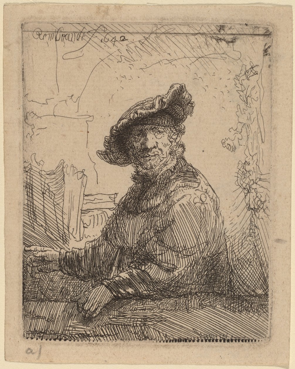 Man in een prieel door Rembrandt van Rijn