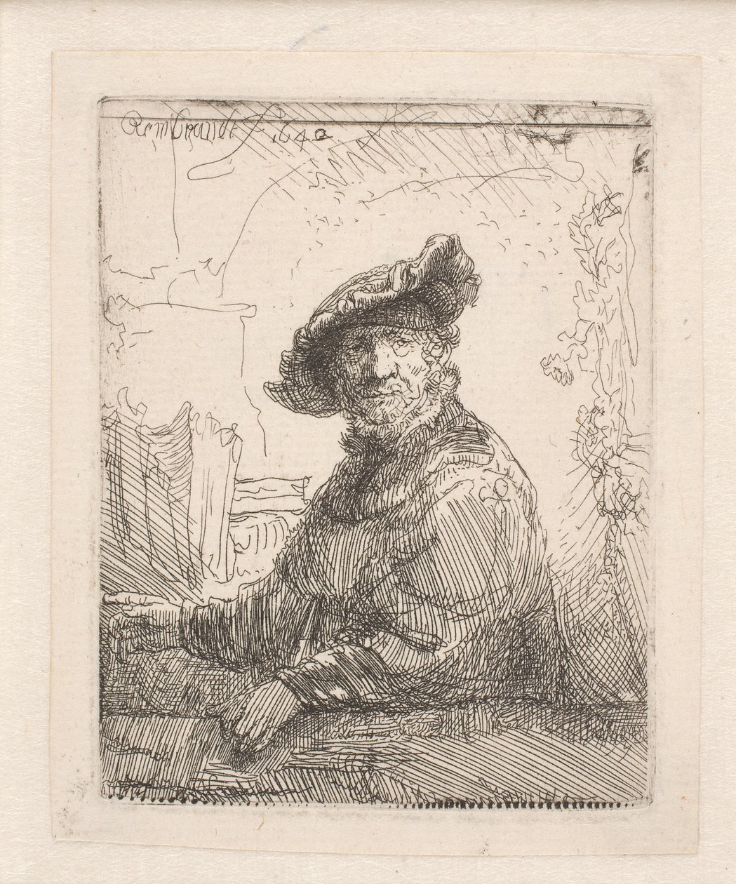 Man in een prieel door Rembrandt van Rijn