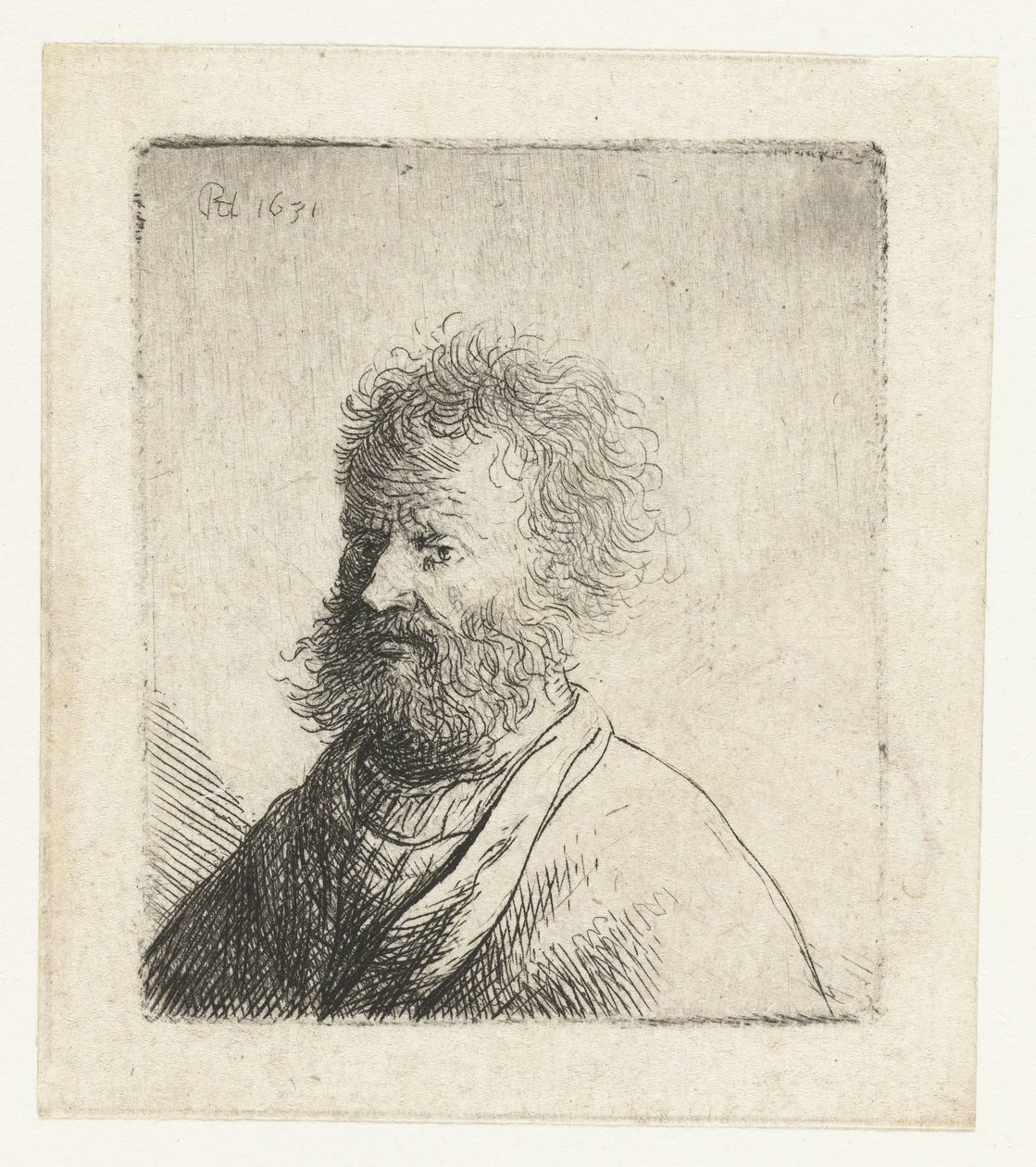 Man met vierkante baard en krullend haar: borstbeeld door Rembrandt van Rijn