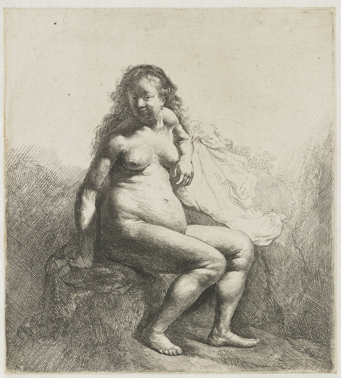 Naakte vrouw op een heuvel door Rembrandt van Rijn
