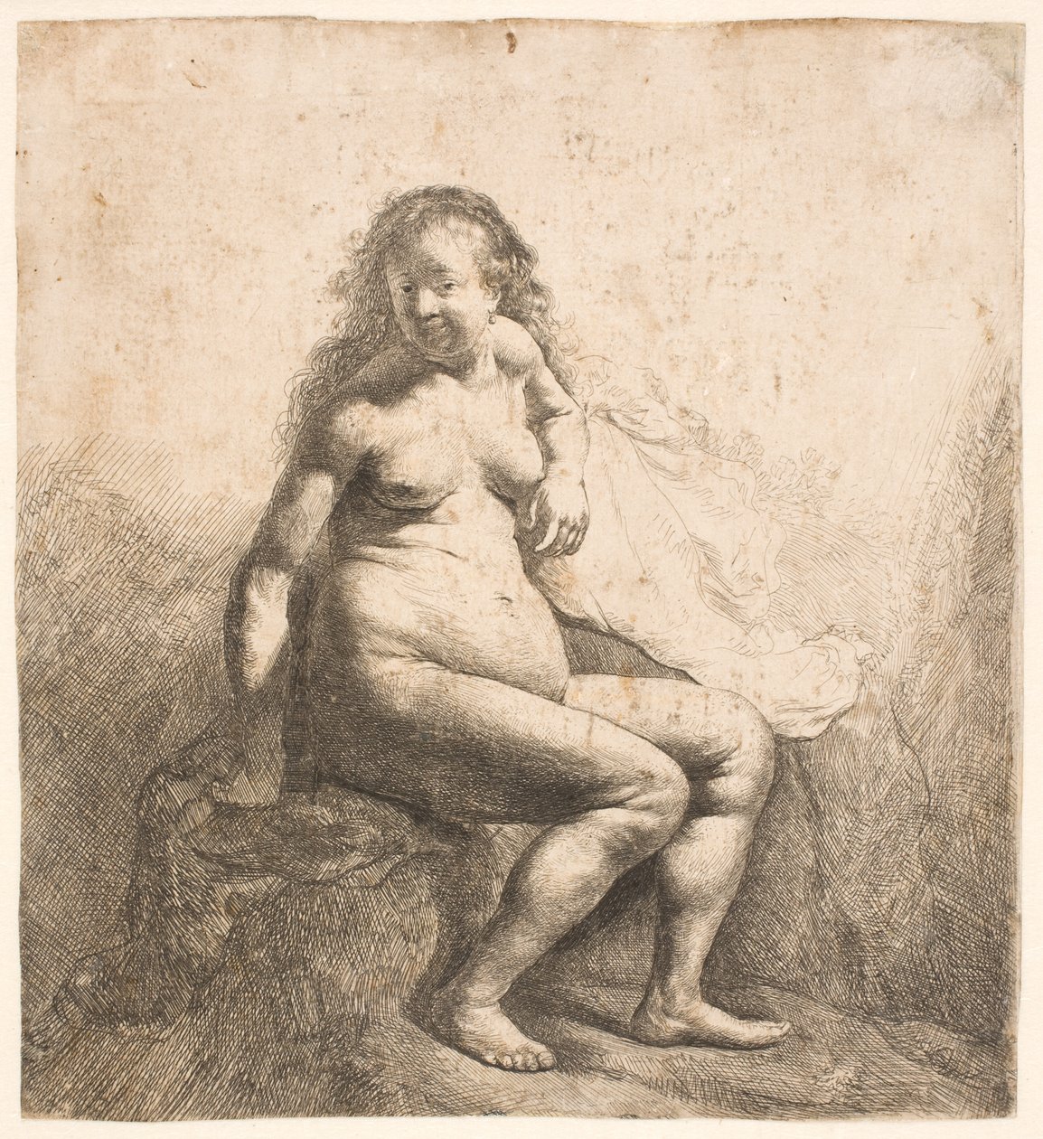 Naakte vrouw, zittend op een heuveltje door Rembrandt van Rijn