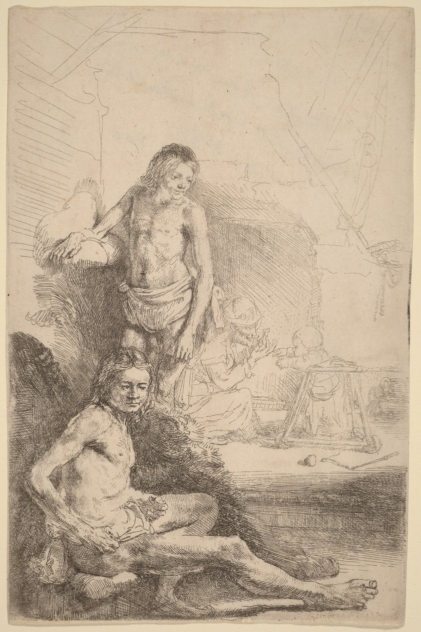 Zittende naakte man en staande naakte man, met op de achtergrond een vrouw en een baby door Rembrandt van Rijn