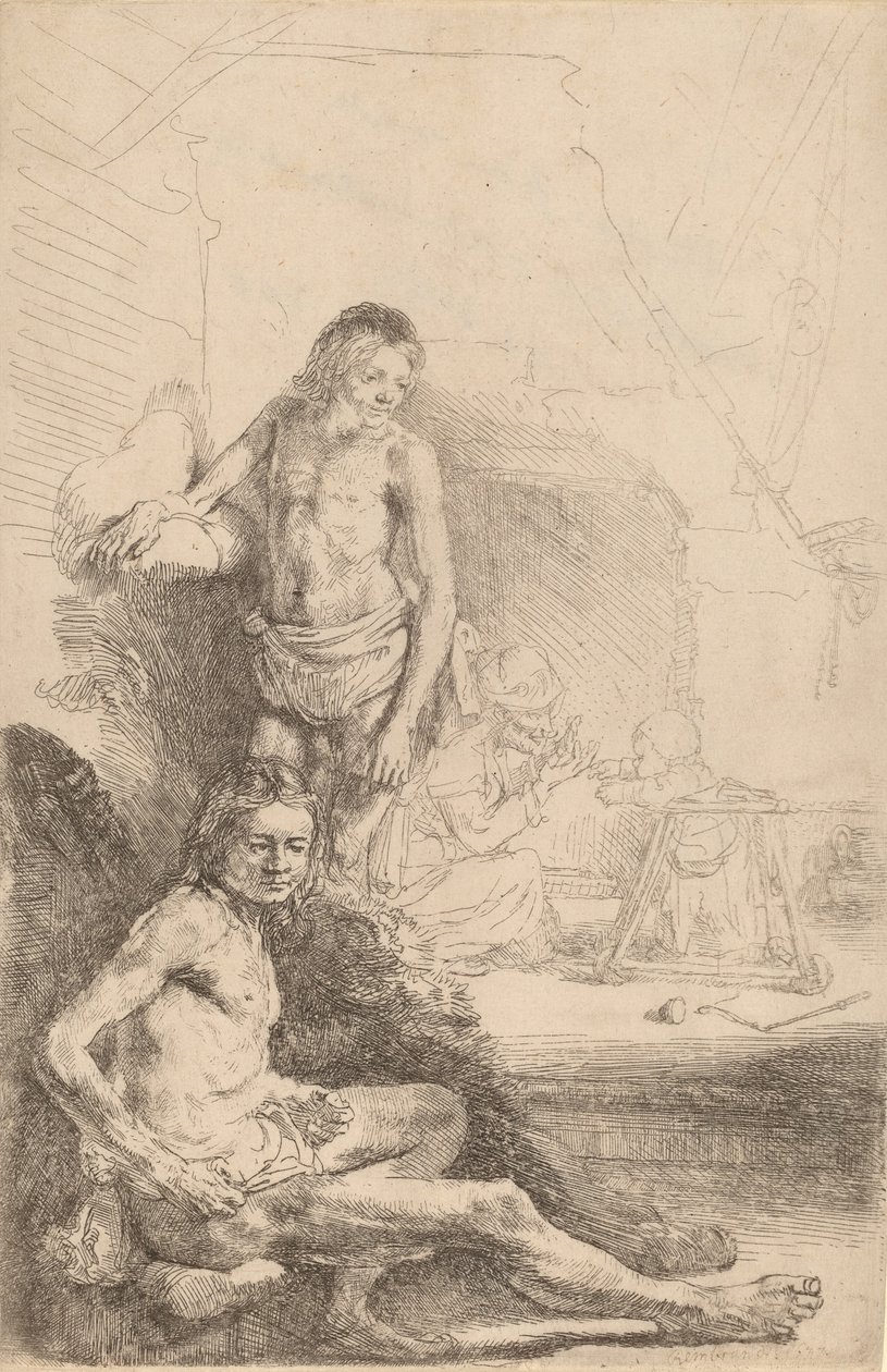 Naakte man zittend en naakte man staand, met een vrouw en baby op de achtergrond, ca. 1646 door Rembrandt van Rijn