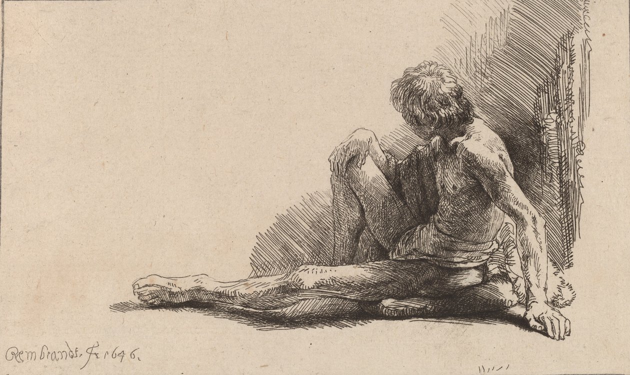 Naakte man zittend op de grond met één been uitgestrekt door Rembrandt van Rijn