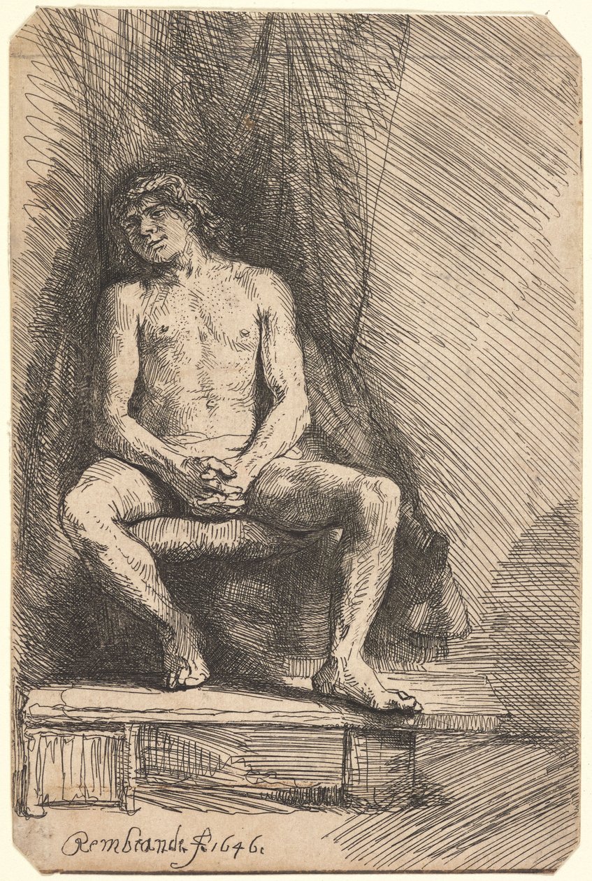 Naakte man zittend voor een gordijn (BB.46-Bi) door Rembrandt van Rijn